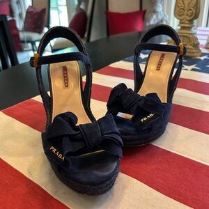 Prada Blue Suede Wedge Open Toe Heels with Ribbon Gold Logo Women's Size 9